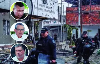 La estación policial, casas y locales vecinos quedaron seriamente afectados por el carrobomba en Los Patios, Norte de Santander. De arriba a abajo, “Calarcá”, “Walter Mendoza” y “Araña”, cabecillas de las disidencias. FOTO AFP y redes sociales.