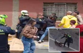 Adelante, momento en el que el animal ataca al uniformado. Atrás, reacción de unos de los habitantes de Rionegro. FOTO: Cortesía Denuncias Antioquia.