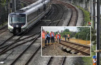 Adelante, funcionarios del Metro ante la socavación detectada. Atrás, tren del Metro de Medellín.Foto: Manuel Saldarriaga Quintero y Cortesía Metro de Medellín.