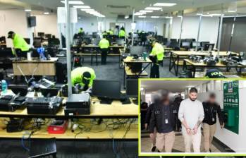 Adelante, uno de los que según las autoridades sería un lavador de activos por medio de criptomonedas para bandas criminales, capturado en Medellín. Atrás, operativo contra la estafa en moneda electrónica realizado también en la capital antioqueña. FOTO: Cortesía