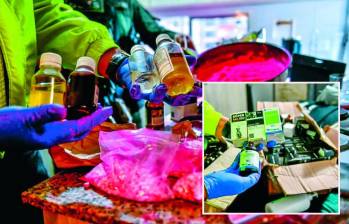 Adelante, los fármacos de uso en animales que estarían usando para elaborar drogas. Atrás una incautación de Tusi. FOTO: Cortesía