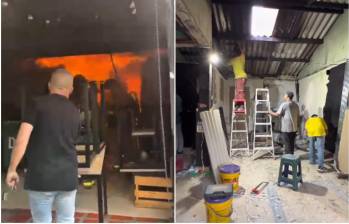 Imágenes del incendio en el local de comida ubicado en Envigado y luego mientras intentan reconstruirlo. FOTO: Captura video redes sociales
