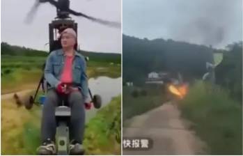 El influencer chino Tang Feiji, de 55 años, perdió la vida mientras transmitía en vivo uno de sus vuelos recreativos en su “helicóptero” ultraligero. FOTO: Captura tomada de video redes sociales @SoyTendencias