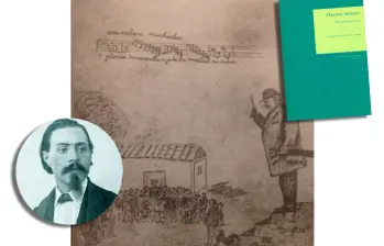 Esta es una caricatura de Oreste Sindici enseñando el Himno Nacional, dibujada por un estudiante anónimo de las escuelas públicas de Bogotá en 1898. FOTO cortesía revista El Gráfico (1934), de la colección personal (hoy desaparecida) de Emilia Sindici
