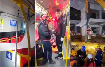 Momentos en medio de la emergencia en un bus de TrasnMilenio impactado por una maquinaria de las obras del metro de Bogotá. FOTOS: Captura de video