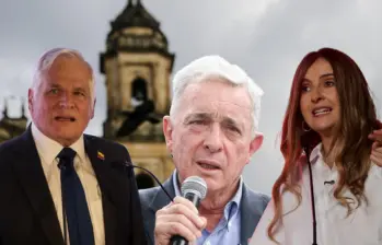 De izquierda a derecha: Miguel Uribe Londoño, el expresidente Álvaro Uribe y la candidata presidencial del Centro Democrático, Paloma Valencia. Foto: Colprensa.