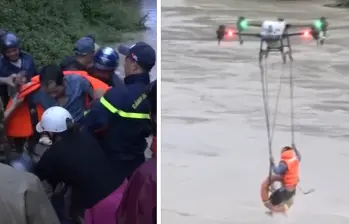 Nguyen Van Hat fue rescatado con un dron en medio de las inundaciones en Vietnam. FOTO: Captura de video - CNN