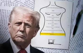 Trump negó haberle entregado una carta que aparece en un libro con felicitaciones por su cumpleaños 50 con el boceto del cuerpo de una mujer desnuda. FOTO: Captura de video y Getty