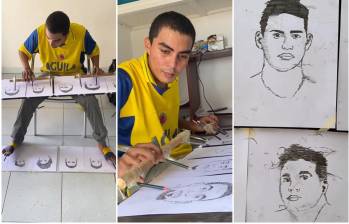 El joven cartagenero dibujó al mismo tiempo los rostros de los doce integrantes del combinado nacional tras la caída por penales ante Suiza. FOTO: Captura de video de redes sociales @javy_arts