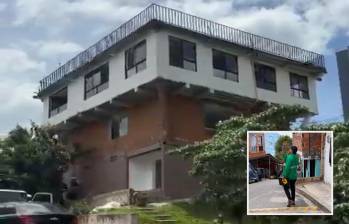 Adelante, funcionario del Distrito realizando controles en Medellín. Atrás, el “torreón” de San Antonio de Prado que van a demoler. FOTO: Cortesía
