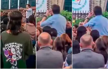 Momento en el que el menor de edad dispara contra el senador y precandidato presidencial Miguel Uribe Turbay en el barrio Modelia, de Bogotá. FOTO: Capturas de video