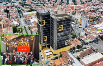 Adelante, acto de inauguración del edificio. Atrás, panorámica del nuevo CAM de Envigado. FOTO: Cortesía