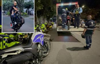 Adelante. Tres hombres haciendo maniobras peligrosas en una moto en Tenche.Atrás, una de las motos, sin placa, inmovilizada en el operativo. FOTOS: Cortesía