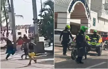 Los hinchas la emprendieron contra los carperos y policías que llegaron a atender la situación en una playa de Bocagrande, en Cartagena. FOTOS: Tomadas de redes sociales y Colprensa