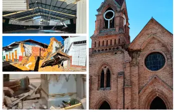 La fachada de la iglesia principal de Venecia (derecha) sufrió una afectación en una de sus cúpulas. A la izquierda: daños en Sonsón y en la iglesia de Jardín. Foto: cortesía.