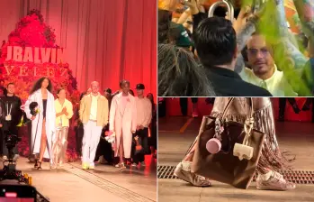 J Balvin en la pasarela con las modelos Nazarit Machín (a la izquierda) y Valentina Castro (a la derecha). Al lado su regreso en el metro y abajo los accesorios que se presentaron en esta colección. FOTOS Claudia Arango H y captura de pantalla. 