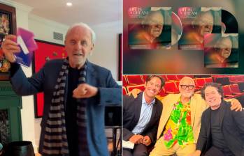 Anthony Hopkins celebra su número uno, al lado la portada del disco y abajo con Gustavo Dudamel, quien dirigió la orquesta para esta álbum. FOTOS Cortesía @AnthonyHopkins