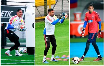 Aldair Quintana (izquierda), Álvaro Montero (centro) y Kevin Mier (derecha) son los 3 guardavallas de la primera convocatoria posmundial de Néstor Lorenzo FOTOS CORTESIA FCF