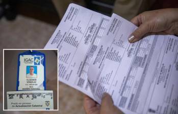 Adelante, el carnet con el que se estaría presentando el presunto estafador. Atrás, imagen de un registro catastral de referencia. FOTO: Cortesía Secretaría de Gestión Territorial y EL COLOMBIANO