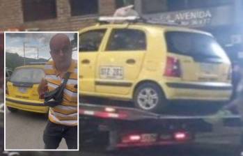 Adelante, imágenes del taxista amenazando a otra conductora. Atrás, el automotor inmovilizado en Envigado.