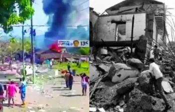 A la izquierda, Buenos Aires, Cauca, tras el ataque reciente que dejó explosiones y una humareda sobre el parque principal; a la derecha, Ituango, Antioquia, después de una toma guerrillera de 1995 por parte de las FARC. El parecido es tenebroso. FOTO Captura de video y Donaldo Zuluaga