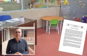 Adelante, el alcalde de Envigado Raúl Cardona, atrás la imagen del puesto de estudio de la pequeña en una esquina del salón. FOTO: imagen tomada de redes.