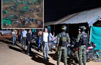 Adelante, parte del asentamiento irregular erigido tras la invasión de la Hacienda Santa Helena. Atrás, operativo de las autoridades dentro del predio. FOTO: Manuel Saldarriaga y Cortesía