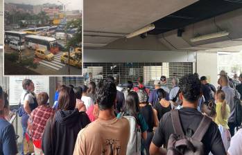 Adelante, parálisis vehicular en el centro de Medellín. Atrás, estaciones del Metro afectadas por el corte de energía. FOTO: Cortesía Denuncias Antioquia.