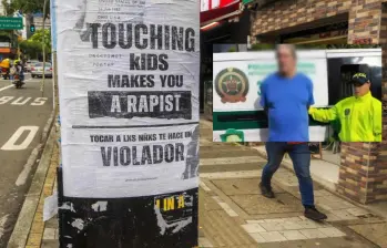 Adelante, un cartel en contra de la explotación sexual infantil por parte de turistas. Atrás, el detenido por la Policía. Foto: Andrés Camilo Suárez Echeverry e imagen tomada de redes.