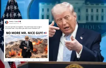 Trump publicó en redes una imagen en la que aparece con gafas oscuras y un arma, junto a un mensaje sobre el estancamiento de las negociaciones con Irán. Foto: Getty / red social Truth