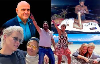 De izquierda a derecha, Verónica Alcocer en diferentes escenas: con la DJ Gunn Lundemo en Estocolmo (Suecia), bailando con el hoy senador del Pacto Histórico Agmeth Escaf, recibiendo un masaje del coreógrafo Nerú en Cartagena y con la española Eva Ferrer. Arriba, el catalán Xavier Vendrell. Foto: Redes sociales/EL COLOMBIANO.