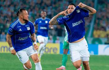 El delantero argentino Rodrigo Contreras anotó dos de los tres goles con los que Millonarios se impuso a Nacional en la Copa Sudamericana. Foto: tomada del x del @MillosFCoficial