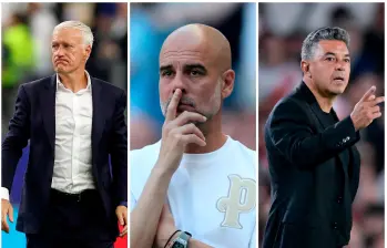 Didier Deschamps (izquierda), Pep Guardiola (centro) y Marcelo Gallardo (derecha) son tres de los mejores entrenadores libres en el fútbol mundial. FOTO GETTY 