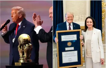 Trump convirtió el premio Nobel de Paz en su obsesión. La Fifa le entregó un reconocimiento por su contribución a la paz y María Corina Machado le regaló la medalla que ella recibió tras ganar el premio entregado por el Comité Noruego del Nobel. FOTOS: Tomadas de Instagram @gianni_infantino y @potus