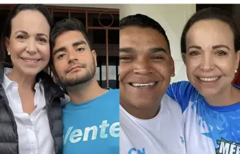 A la izquierda, Maria Corina Machado con Jesús Castillo. A la derecha, Machado con Yones Molina. Foto: Redes Sociales.