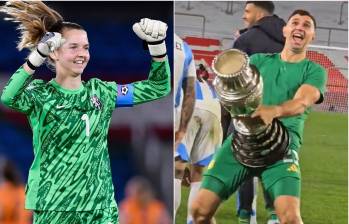 La portera de Países Bajos, Femke Liefting, de 19 años, utilizó la estrategia del ‘Dibu’ Martínez para desconcentrar a las jugadoras colombianas. FOTO: GETTY Y CAPTURA VIDEO REDES SOCIALES