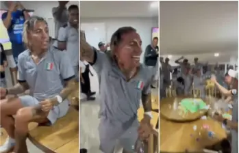 Dayro Moreno celebró de forma anticipada los 40 años junto con sus compañeros de Once Caldas tras la victoria por liga ante Envigado de local. FOTO: Captura video redes sociales @juanfcastano16