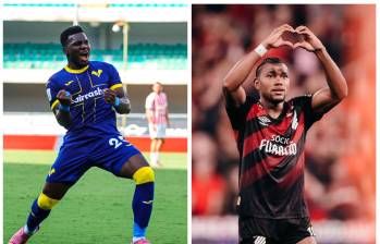 Daniel Mosquera (izquierda) y Jorge Rivaldo Pinto (derecha), son dos de los delanteros colombianos que alzan la mano en el exterior. FOTO: X HellasVeronaFC y AthleticoPR