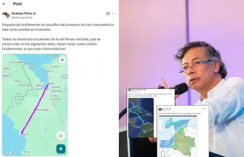 Una publicación del presidente Gustavo Petro mostrando una simple línea como estudios de un tren interoceánico ha generado críticas en las redes. Fotos: Colprensa y capturas de X. 