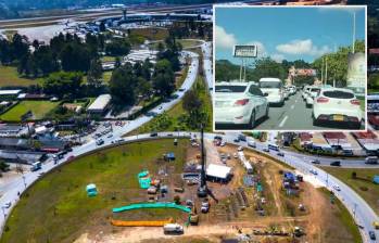 Aabajo, los trabajos en la glorieta del Aeropuerto José María Córdova. Arriba, la congestión presentada esta mañana en la zona. Foto: Andrés Camilo Suárez Echeverry e imagen tomada de redes sociales.