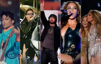 Prince, U2, Eminem y el hip hop, Beyoncé en 2013 y Shakira y JLo en 2020, hacen parte de los grandes espectáculos que se han presentado en el Super Bowl. FOTOS AFP y Getty