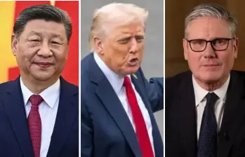 (De izquierda a derecha) Los líderes Xi Jinping (China), Donald Trump (Estados Unidos) y Keir Starmer (Reino Unido) pidieron a sus connacionales que salgan de Irán de inmediato. FOTOS: Tomada de redes sociales - XINHUA - 