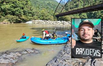 Adelante, Carlos Andrés Aristizabal, el hombre ahogado en el río Samaná. Atrás, el poderoso afluente y los rescatistas que participaron en su búsqueda. FOTO: Imágenes tomadas de redes sociales