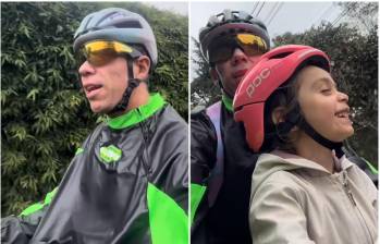 Rigoberto Urán decidió irse en bicicleta, el medio de transporte que marcó su vida, y desplazarse en dos ruedas para buscar a su hija Carlota al colegio. FOTO: Captura de video de redes sociales de @rigobertouran