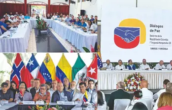 Las distintas delegaciones que participan en las mesas de paz aún activas durante el Gobierno Petro, en contraste con la fallida negociación con el ELN. FOTOS AFP Y @ComisionadoPaz