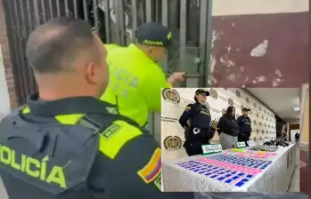 Adelante, la mujer detenida junto al material incautado. Atrás, agentes de Policía durante el operativo. FOTO: Cortesía