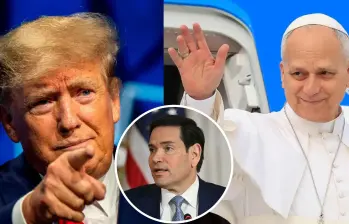 El presidente de Estados Unidos, Donald Trump, y el papa Leín XIV. En la foto detalle, Marco Rubio. Fotos: AFP - Getty