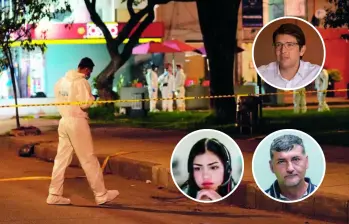 Investigadores y peritos de la Dijín de la Policía en la escena del atentado contra Miguel Uribe Turbay, el 7 de junio de 2025, en el Parque El Golfito. En los círculos, el senador asesinado, alias Gabriela y alias El Viejo. Foto: AFP.