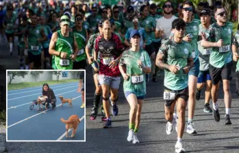 Adelante, algunos de los animales que se han beneficiado de la iniciativa. Atrás, participantes de una carrera atlética de la ciudad. Foto: Julio César Herrera Echeverri.