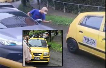 Adelante, el vehículo del taxista que fue captado haciendo los daños. Atrás, el momento de la agresión. FOTO: Cortesía Denuncias Antioquia